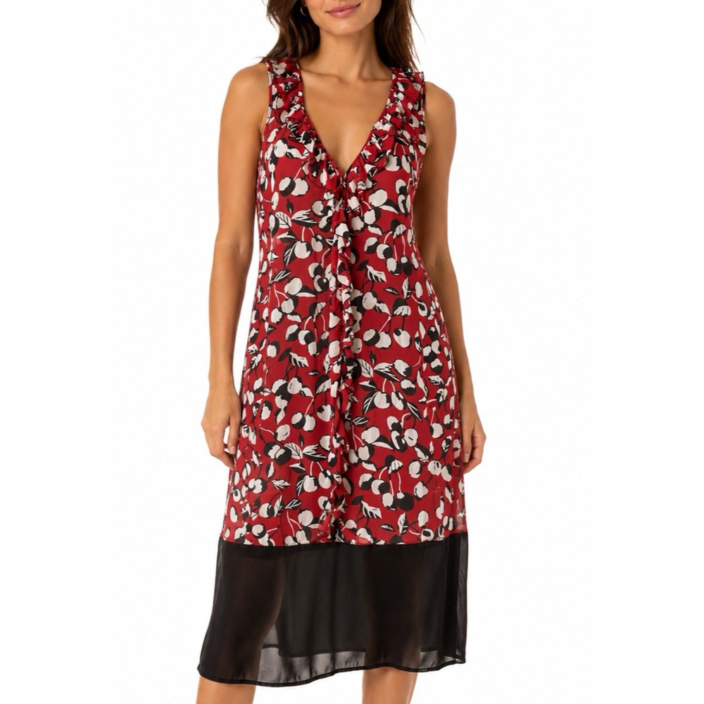 Sonia Rykiel Dress Red Cherry Midi Sheer Georgette Sleeveless Ruffled V neck M